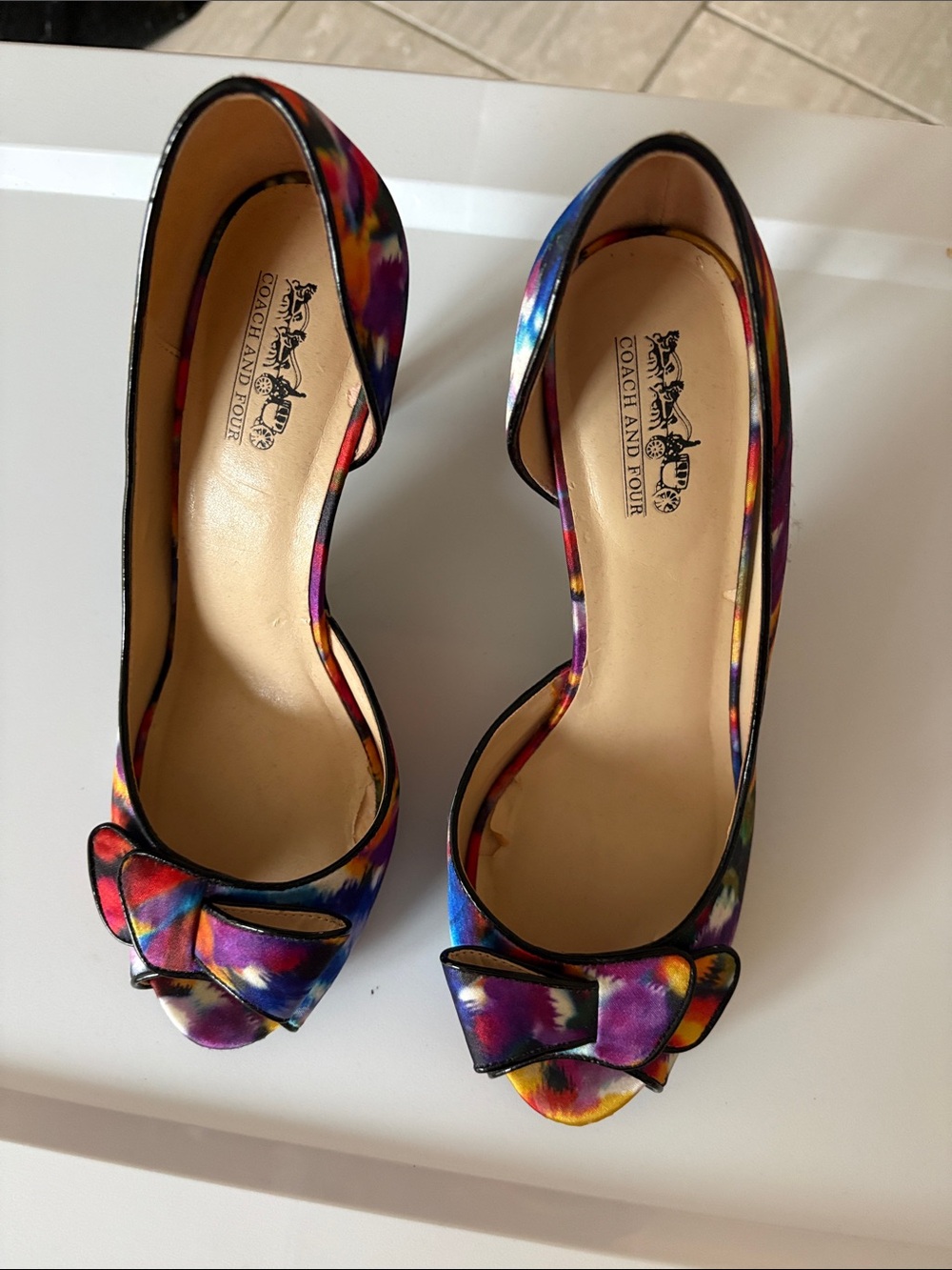 Coach Multicolor Satin Peep-Toe Heels with Bow Detail